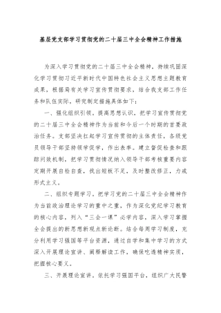 基层党支部学习贯彻党的二十届三中全会精神工作措施