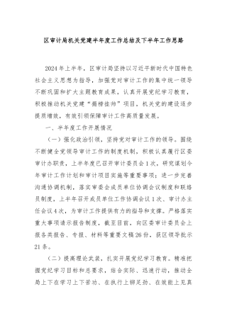 区审计局机关党建半年度工作总结及下半年工作思路