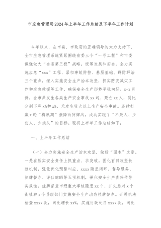市应急管理局2024年上半年工作总结及下半年工作计划
