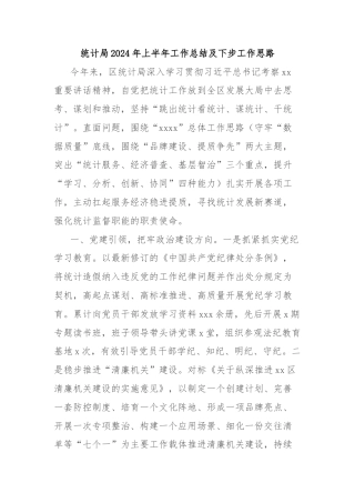 统计局2024年上半年工作总结及下步工作思路