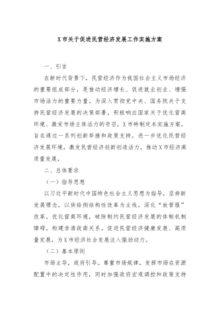 X市关于促进民营经济发展工作实施方案