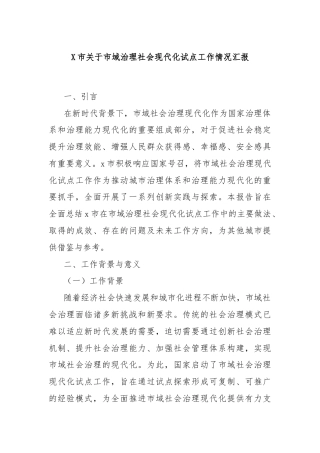 X市关于市域治理社会现代化试点工作情况汇报