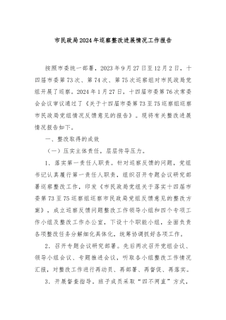 市民政局2024年巡察整改进展情况工作报告