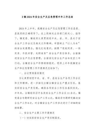 X镇2024年安全生产及应急管理半年工作总结