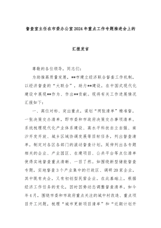督查室主任在市委办公室2024年重点工作专题推进会上的汇报发言