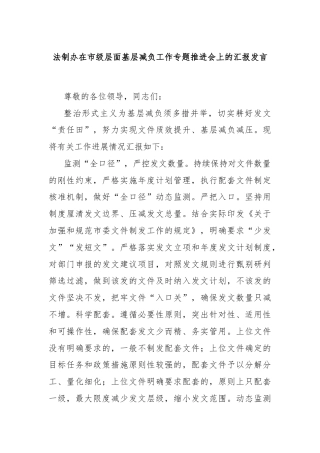 法制办在市级层面基层减负工作专题推进会上的汇报发言