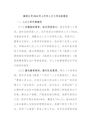 集团公司2024年上半年人才工作总结报告