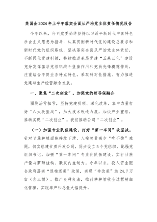 某国企2024年上半年落实全面从严治党主体责任情况报告