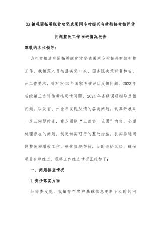 乡镇巩固拓展脱贫攻坚成果同乡村振兴有效衔接考核评估问题整改工作推进情况报告