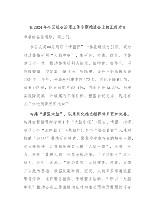 在2024年全区社会治理工作专题推进会上的汇报发言