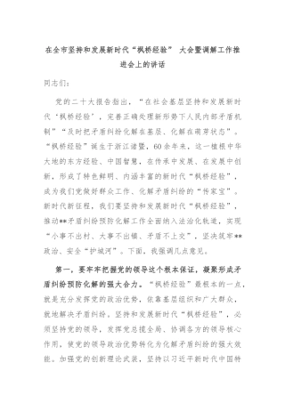 在全市坚持和发展新时代“枫桥经验” 大会暨调解工作推进会上的讲话