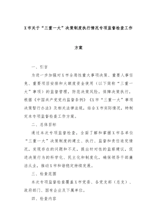 X市关于“三重一大”决策制度执行情况专项监督检查工作方案