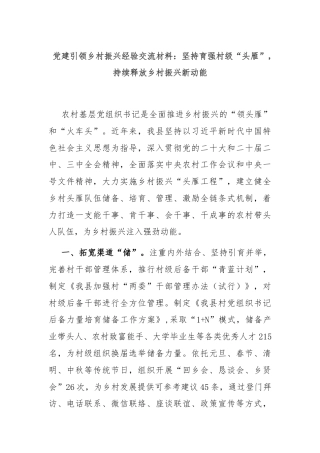 党建引领乡村振兴经验交流材料：坚持育强村级“头雁”，持续释放乡村振兴新动能