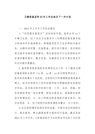 卫健委基层科XX年工作总结及下一步计划