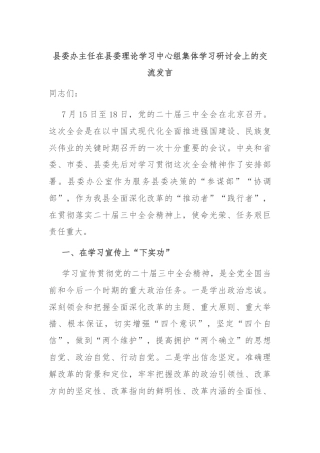县委办主任在县委理论学习中心组集体学习研讨会上的交流发言