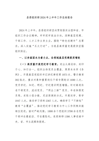 县委组织部2024年上半年工作总结报告