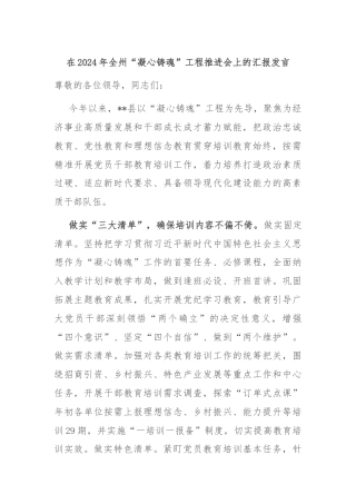 在2024年全州“凝心铸魂”工程推进会上的汇报发言