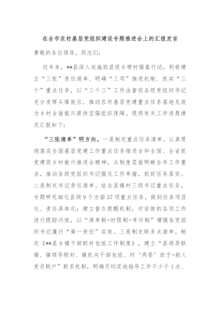 在全市农村基层党组织建设专题推进会上的汇报发言