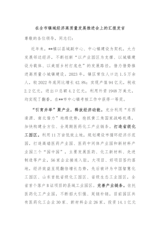 在全市镇域经济高质量发展推进会上的汇报发言