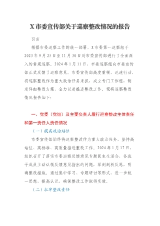 X市委宣传部关于巡察整改情况的报告