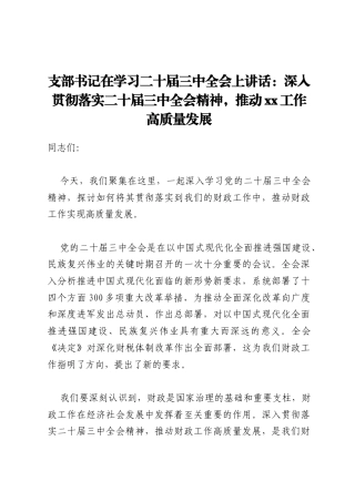 支部书记在学习二十届三中全会上讲话：深入贯彻落实二十届三中全会精神，推动xx工作高质量发展