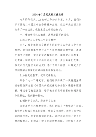2024年7月党支部工作总结