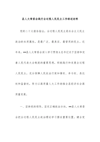 县人大常委会践行全过程人民民主工作综述材料