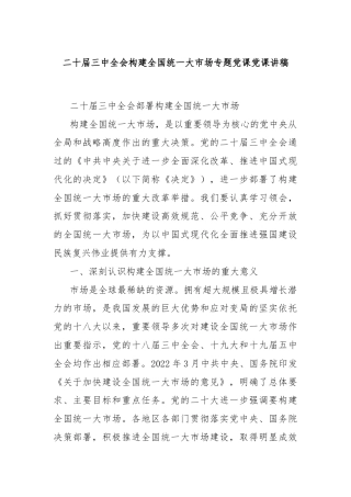 二十届三中全会构建全国统一大市场专题党课党课讲稿
