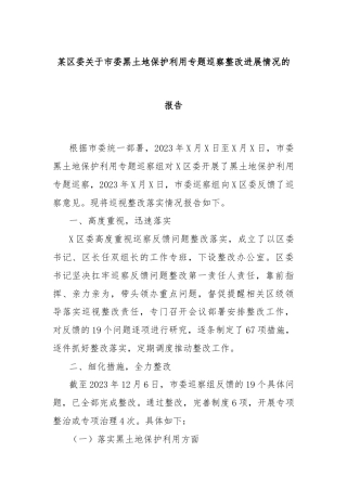 某区委关于市委黑土地保护利用专题巡察整改进展情况的报告