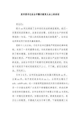 某市委书记在全市警示教育大会上的讲话