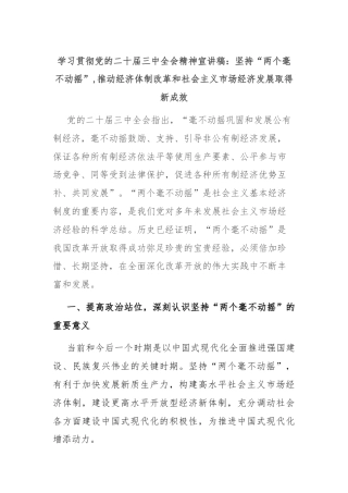 学习贯彻党的二十届三中全会精神宣讲稿：坚持“两个毫不动摇”,推动经济体制改革和社会主义市场经济发展取得新成效