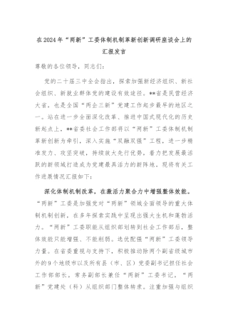 在2024年“两新”工委体制机制革新创新调研座谈会上的汇报发言