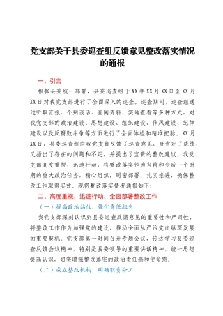 党支部关于县委巡查组反馈意见整改落实情况的通报