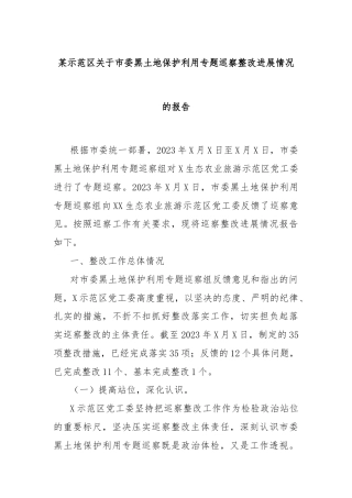 某示范区关于市委黑土地保护利用专题巡察整改进展情况的报告
