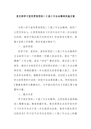 某支部学习宣传贯彻党的二十届三中全会精神实施方案