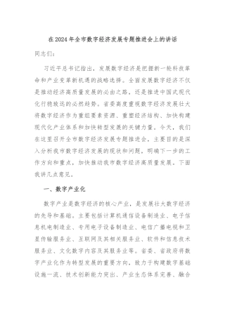 在2024年全市数字经济发展专题推进会上的讲话