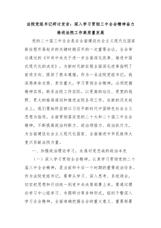 法院党组书记研讨发言：深入学习贯彻三中全会精神奋力推进法院工作高质量发展