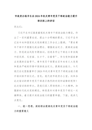 市政府办秘书长在2024年机关青年党员干部政治能力提升培训班上的讲话
