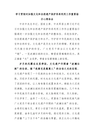 学习贯彻对加强文化和自然遗产保护传承利用工作重要指示心得体会