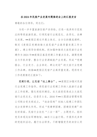 在2024年民宿产业发展专题推进会上的汇报发言