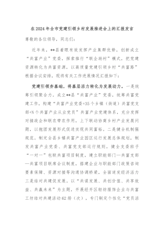 在2024年全市党建引领乡村发展推进会上的汇报发言