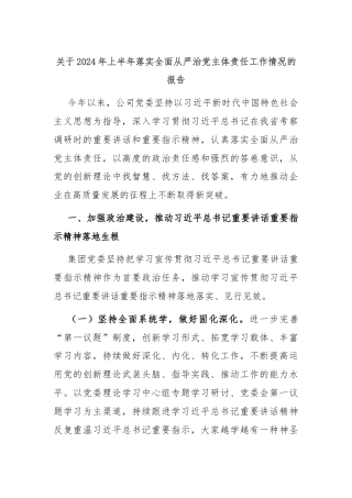 关于2024年上半年落实全面从严治党主体责任工作情况的报告