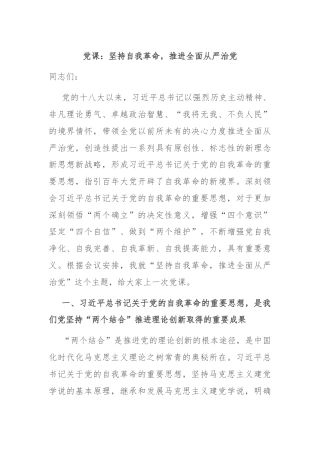 党课：坚持自我革命，推进全面从严治党
