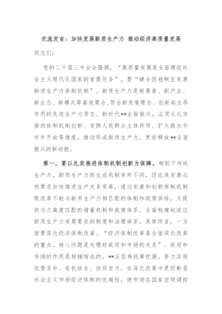 交流发言：加快发展新质生产力 推动经济高质量发展