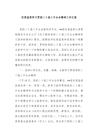 纪委监委学习贯彻二十届三中全会精神工作汇报
