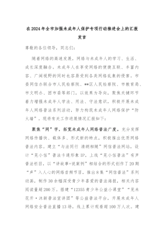 在2024年全市加强未成年人保护专项行动推进会上的汇报发言