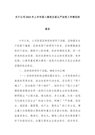 关于公司2024年上半年深入推进全面从严治党工作情况的报告