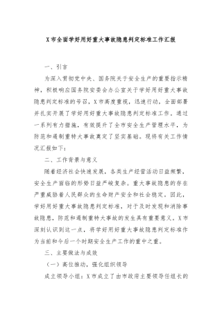 X市全面学好用好重大事故隐患判定标准工作汇报
