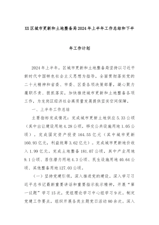 XX区城市更新和土地整备局2024年上半年工作总结和下半年工作计划