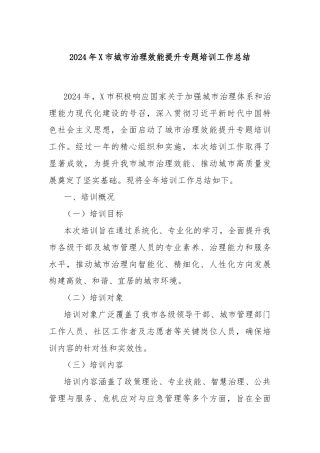 2024年X市城市治理效能提升专题培训工作总结